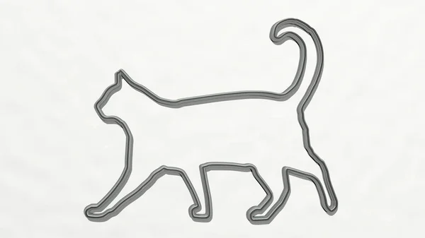 Cat Walking Perspective Wall Thick Sculpture Made Metallic Materials Rendering — Stock Photo, Image