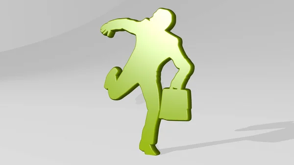 businessman with bag escaping stand with shadow. 3D illustration of metallic sculpture over a white background with mild texture. concept and adult