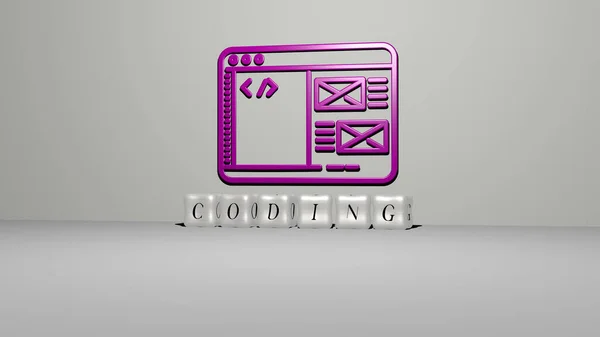 3D representation of coding with icon on the wall and text arranged by metallic cubic letters on a mirror floor for concept meaning and slideshow presentation. illustration and code