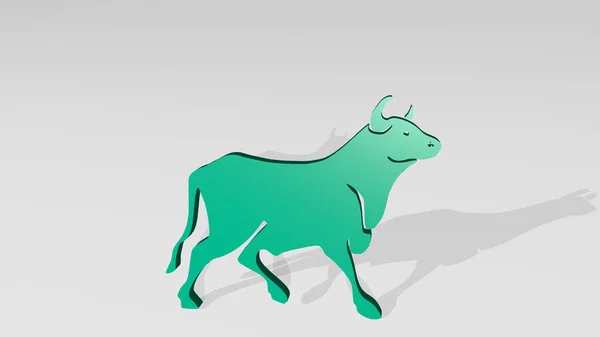 Bull Made Illustration Einer Glänzenden Metallischen Skulptur Auf Einer Wand — Stockfoto