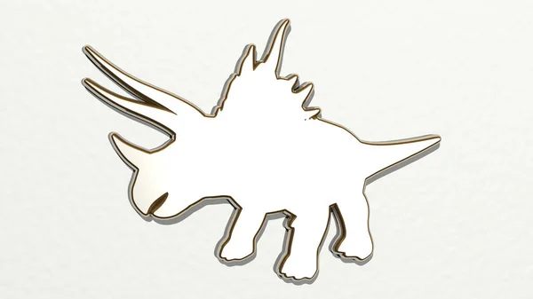 dinosaur on the wall. 3D illustration of metallic sculpture over a white background with mild texture. animal and cartoon