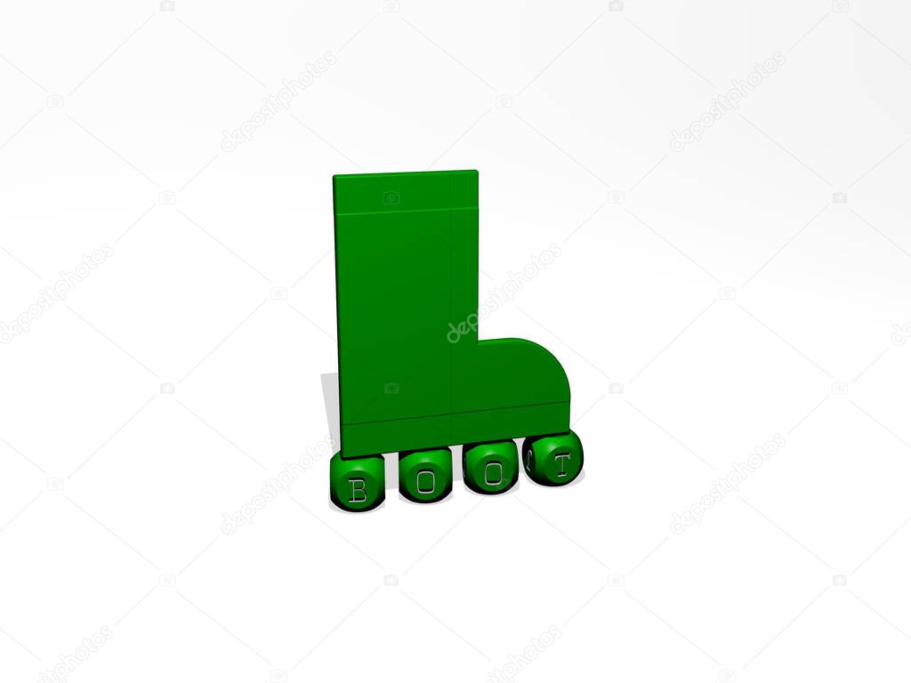 3D illustration of boot graphics and text made by metallic dice letters for the related meanings of the concept and presentations. background and design