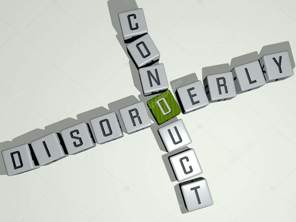 crosswords of DISORDERLY CONDUCT arranged by cubic letters on a mirror floor, concept meaning and presentation. illustration and abstract