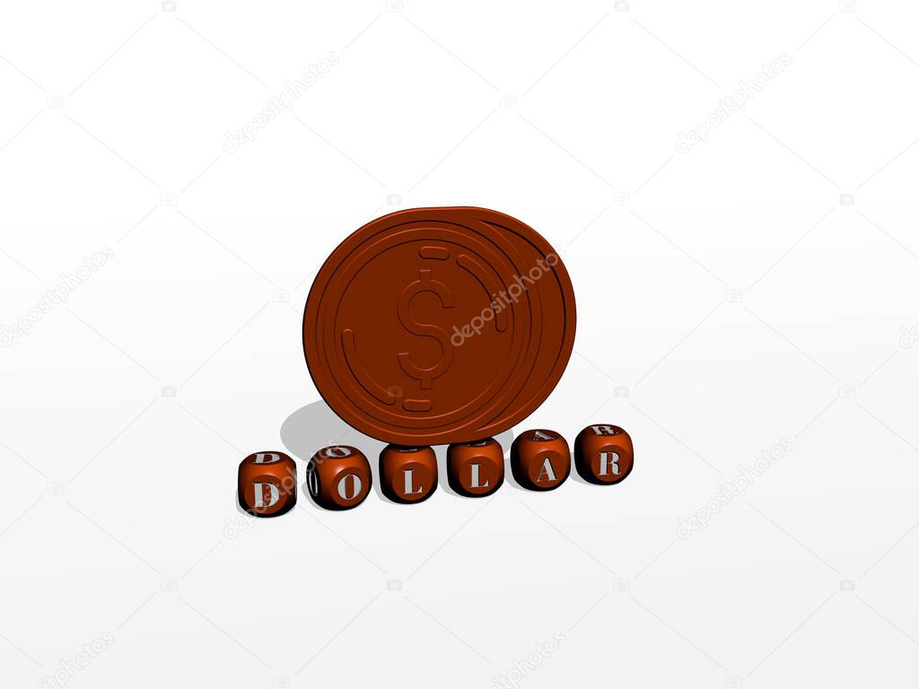 3D illustration of dollar graphics and text made by metallic dice letters for the related meanings of the concept and presentations. business and money