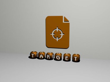 Duvarında ikon olan TARGet 'in 3 boyutlu temsili ve ayna zemininde konsept ve slayt gösterisi sunumu için metalik kübik harflerle düzenlenmiş metin. resimleme ve iş