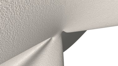 Antik beyaz tek renkli 3D kıvrımlı matematiksel şekil, gölgeli perspektifli düz benekli şekillerden oluşan soyut arkaplan resmi. antik ve mimari