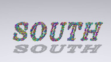 SOUTH, beyaz arkaplana gölge düşüren renkli küçük nesneler tarafından üç boyutlu illüstrasyonla yazıldı. Afrika ve mavi