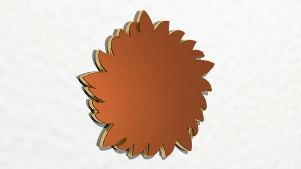 sunflower on the wall. 3D illustration of metallic sculpture over a white background with mild texture. beautiful and field