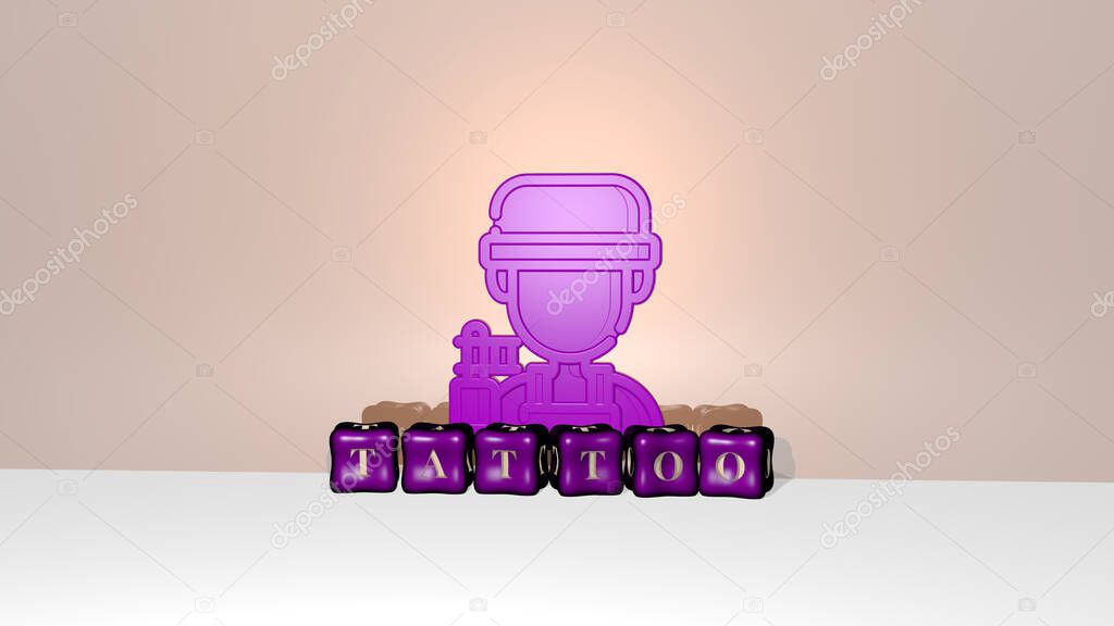 3D representation of TATTOO with icon on the wall and text arranged by metallic cubic letters on a mirror floor for concept meaning and slideshow presentation. illustration and design