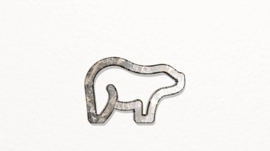 Duvardaki bir perspektiften ayı vücudu. Üç boyutlu metalik malzemelerden yapılmış kalın bir heykel. Resim ve hayvan