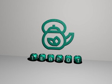 Konsept ve sunumların ilgili anlamları için metalik zar harfleri tarafından yapılan TEAPOT grafikleri ve metinlerinin 3 boyutlu illüstrasyonu. arkaplan ve fincan