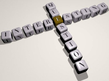 İlgi çekici soru, zar harfleri ve renk geçişleriyle birleşerek konseptin ilgili anlamları. arkaplan ve soyut