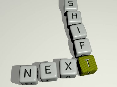 NEXT SHIFT bulmacaları ayna zemininde kübik harflerle düzenlenir, kavram anlamı ve sunum. arkaplan ve resimleme