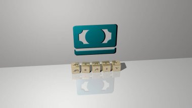 Duvarında ikon olan paranın 3 boyutlu temsili ve kavram ve slayt gösterisi sunumu için ayna zemininde metalik kübik harflerle düzenlenmiş metin. resimleme ve iş