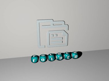 FOLDER 'ın dikey olarak 3B grafiksel görüntüsü ve üst perspektiften metalik kübik harflerle oluşturulan metin, konsept sunumu ve slayt gösterileri için mükemmel. resimleme ve iş