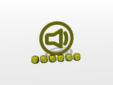 Duvarında simge olan hacmin 3 boyutlu temsili ve kavram ve slayt gösterisi sunumu için ayna zemininde metalik kübik harflerle düzenlenmiş metin. Resim ve arkaplan