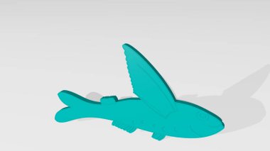 Işık arkaplanlı bir duvarda parlayan metalik bir heykelin 3 boyutlu bir illüstrasyonuyla yapılmış balık. hayvan ve yiyecek