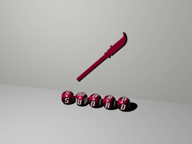 Duvarında ikon olan kılıcın 3 boyutlu temsili ve ayna zemininde kavram ve slayt gösterisi sunumu için metalik kübik harflerle düzenlenmiş metin. Resim ve arkaplan