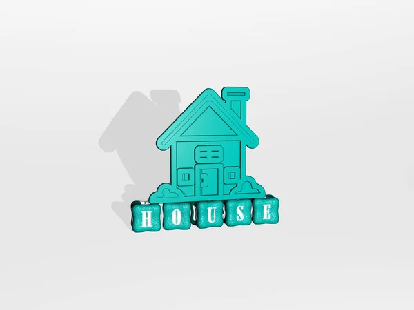 Graficzny Obraz House Pionowo Wraz Tekstem Zbudowanym Metalicznymi Literami Sześciennymi — Zdjęcie stockowe