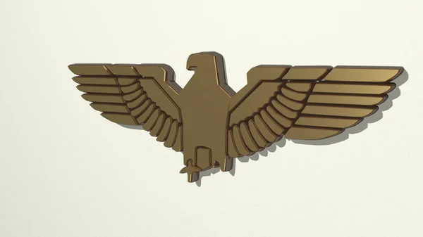 Eagle Sembolü Parlak Arkaplanlı Bir Duvarda Parlayan Metalik Bir Heykelin — Stok fotoğraf