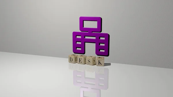 3D graphical image of DESK vertically along with text built by metallic cubic letters from the top perspective, excellent for the concept presentation and slideshows. business and background