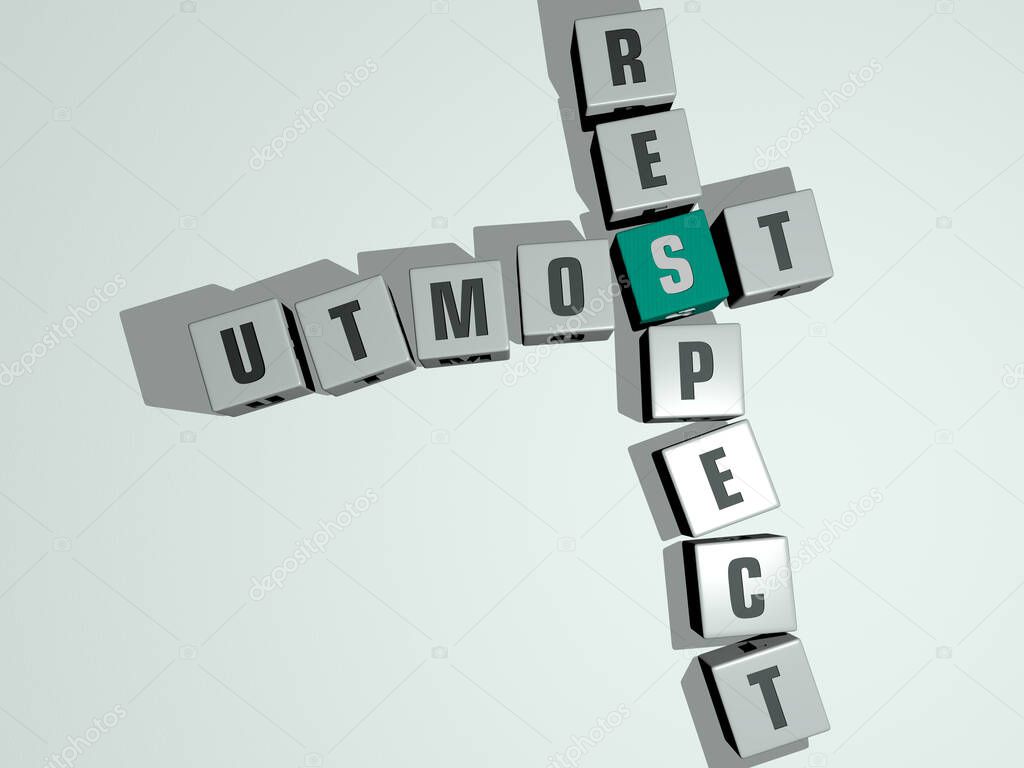 crosswords of UTMOST RESPECT arranged by cubic letters on a mirror floor, concept meaning and presentation. illustration and background