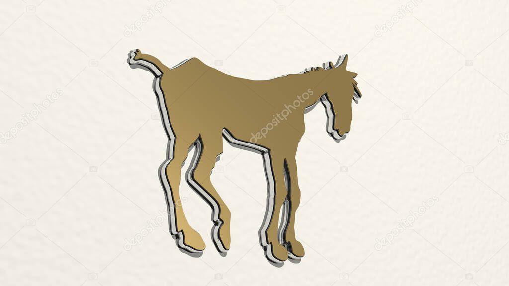 HORSE on the wall. 3D illustration of metallic sculpture over a white background with mild texture. animal and beautiful