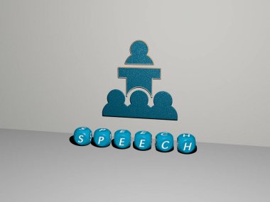 SPEECH 'in duvarında simge ve ayna zemininde metalik küp harflerle konsept ve slayt gösterisi sunumu için düzenlenmiş üç boyutlu temsili. illüstrasyon ve balon