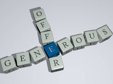 GENEROUS OFFER kombinasyonu kübik harfler tarafından en üst perspektiften inşa edildi, kavram sunumu için mükemmel. Resim ve arkaplan