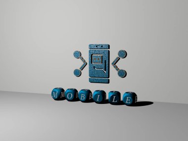 Konsept ve sunumların ilgili anlamları için metalik zar harflerinin yaptığı mobil grafikler ve metinlerin 3D çizimi. simge ve tasarım