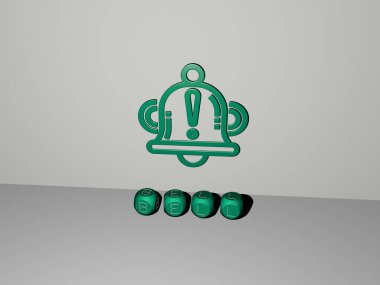 Çan 'ın dikey olarak üç boyutlu grafiksel görüntüsü ve üst perspektiften metalik kübik harflerle oluşturulan metinler, konsept sunumu ve slayt gösterileri için mükemmel. kilise ve geçmiş