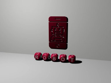 Robotun dikey olarak üç boyutlu grafiksel görüntüsü ve üst perspektiften metalik kübik harflerle yapılmış metinler, konsept sunum ve slayt gösterileri için mükemmel. Resim ve suni