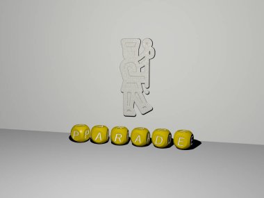 En üst perspektiften metalik kübik harflerle oluşturulan metinlerle dikey olarak geçit töreninin üç boyutlu grafiksel görüntüsü, konsept sunumu ve slayt gösterisi için mükemmel. Yayın ve kutlama