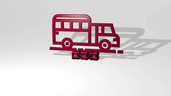 3D representation of bus with icon on the wall and text arranged by metallic cubic letters on a mirror floor for concept meaning and slideshow presentation. illustration and city