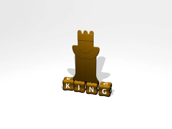 Kingの3Dグラフィカルなイメージと 上面からのメタリックな立方体文字で構築されたテキストは コンセプトプレゼンテーションやスライドショーに最適です イラストと背景 — ストック写真