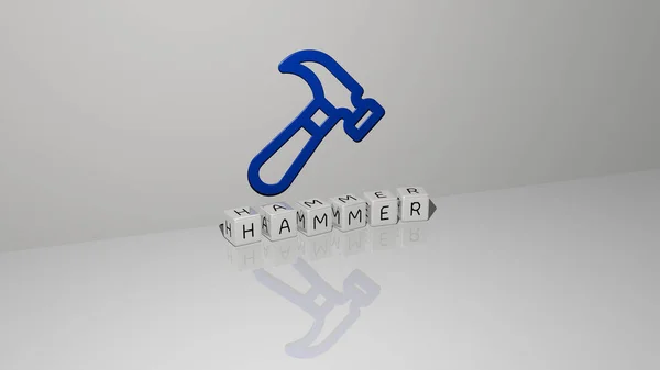 3D illustration of hammer graphics and text made by metallic dice letters for the related meanings of the concept and presentations. background and construction