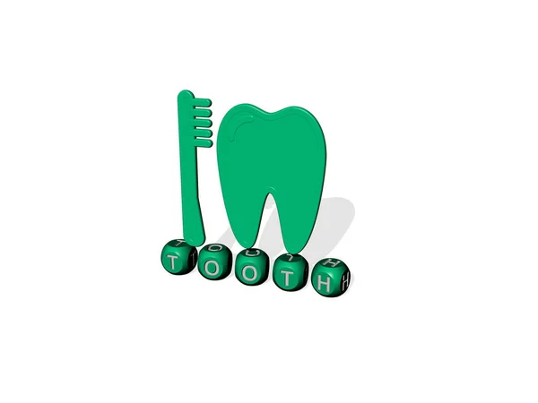 Graficzny Obraz Tooth Pionowo Wraz Tekstem Zbudowanym Metalicznymi Literami Sześciennymi — Zdjęcie stockowe