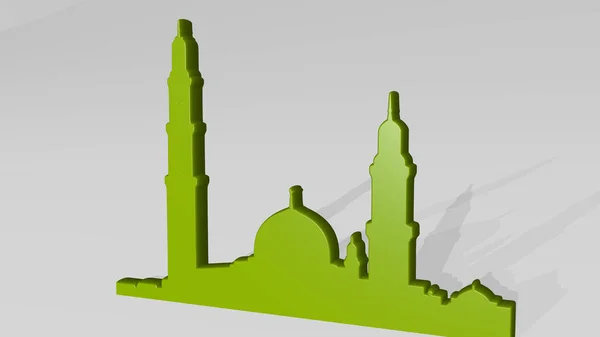 イスラム教のモスクの影に立つ 穏やかな質感の白い背景に金属彫刻の3Dイラスト アラビア語とデザイン — ストック写真