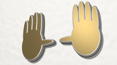 Parlak metalik bir heykelin ışık arkaplanı olan bir duvardaki 3D çizimi ile yapılmış eller. konsept ve tutma