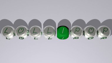 Üst perspektiften gelen kübik harflerle oluşturulan LOLLIPOP kombinasyonu, konsept sunumu için mükemmel. şeker ve arkaplan