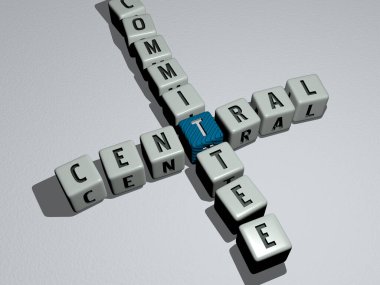 CENTRAL COMITTEE konseptin ilgili anlamları için zar harfleri ve renk geçişleriyle birleştirildi. şehir ve mimari