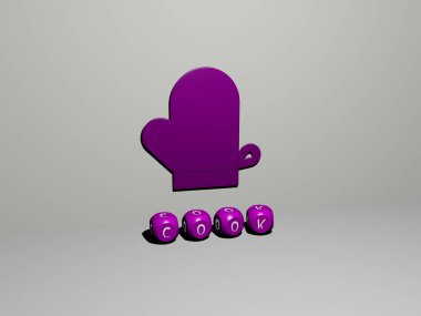 Aşçının dikey olarak üç boyutlu grafiksel görüntüsü ve üst perspektiften metalik kübik harflerle yapılmış metinler, konsept sunumu ve slayt gösterileri için mükemmel. yemek ve arkaplan