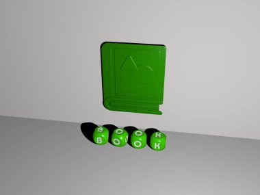 Kitap grafiklerinin 3 boyutlu çizimi ve bu kavramın ve sunumların ilgili anlamları için metalik zar harflerinin oluşturduğu metin. arkaplan ve tasarım