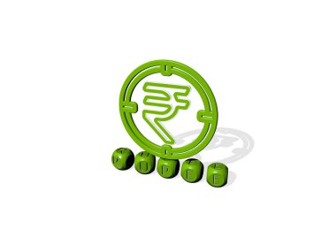 Konsept ve sunumların ilgili anlamları için metalik zar harflerinin yaptığı 3D grafik ve metin çizimi. Hintli ve para birimi