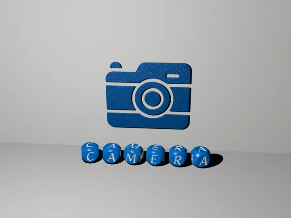 3D representation of CAMERA with icon on the wall and text arranged by metallic cubic letters on a mirror floor for concept meaning and slideshow presentation. background and beautiful