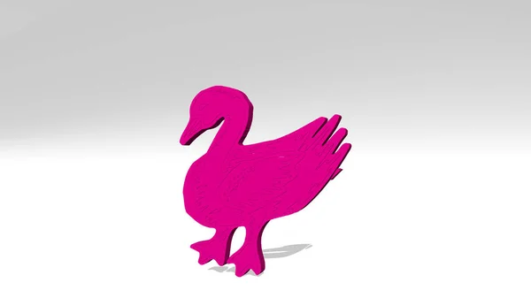 Duck Vytvořený Ilustrací Lesklé Kovové Sochy Stěně Světelným Pozadím Pták — Stock fotografie