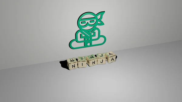 Immagine Grafica Ninja Verticalmente Insieme Testo Costruito Lettere Cubiche Metalliche — Foto Stock