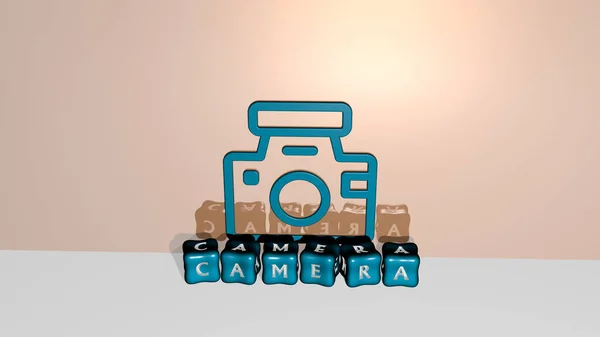 Графическое Изображение Camera Вертикально Вместе Текстом Построенным Металлических Кубических Букв — стоковое фото
