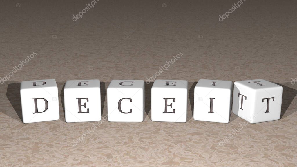 alphabetic Deceit arranged by cubic letters on a mirror floor, concept meaning and presentation in 3D perspective. illustration and deception