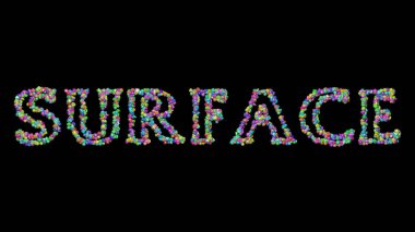 Yüzey: Gölgeli siyah arkaplan üzerinde küçük nesnelerden yapılmış metnin 3 boyutlu çizimi. soyut ve dokulu